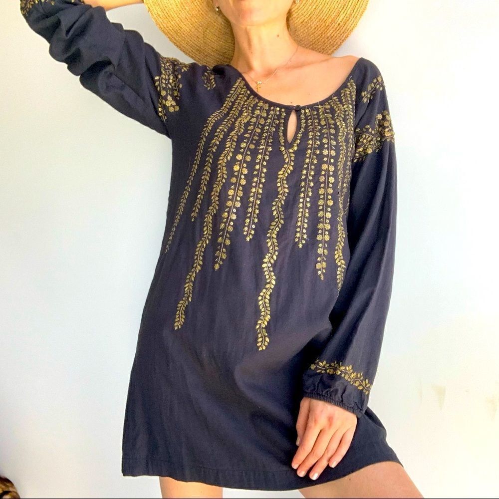 Anthropology Mes Demoiselles Sania Paris boho black dress with gold sequins